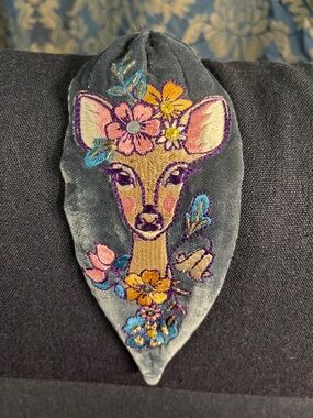 HAND FINISHED VELVET EMBROIDERED BLUE GREY AUTUMN DOE HAIRBAND BY POWDER
